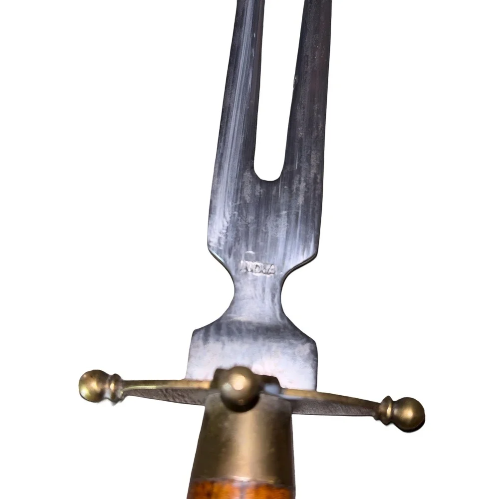Vtg Hand Carved Wood Brass India Carving Knife Fork Set Sheath Stand Collectible